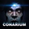 Conarium cover. A gaunt man's face, bruised and streaked with blue veins stares from the darkness. He has a glowing blue third eye on his forehead.