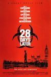 28 Days Later poster. In scratched silhouette against a blood red background, a lone figure wanders through London, past the Houses of Parliament and Big Ben. Behind the title is a large biohazard symbol. The subtitle lists: 'Day 1: Exposure. Day 3: Infection. Day 8: Epidemic. Day 15: Evacuation. Day 20: Devastation.'