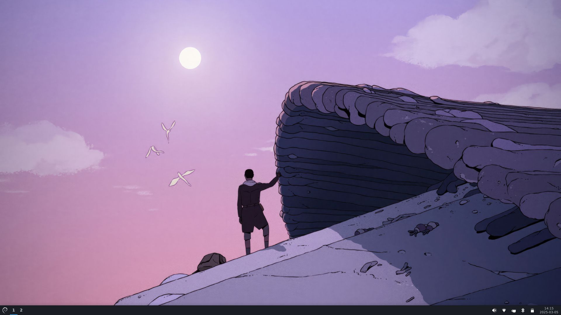 A minimal Xfce desktop environment with a narrow, dark grey panel along the bottom. The background wallpaper features a still from the animated science fiction series 'Scavengers Reign'.